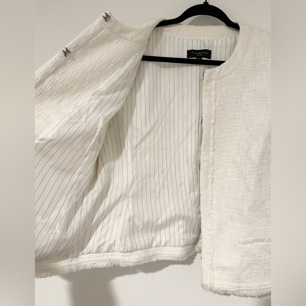 Talbots Women’s White Tweed Ruffle Sleeve Blazer Jacket Workwear Office 16P - Picture 5 of 9